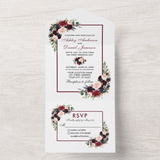 Waterverf Burgundy Blue Floral Wedding All In One Uitnodiging (Binnen)