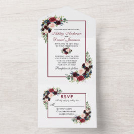 Waterverf Burgundy Blue Floral Wedding All In One Uitnodiging