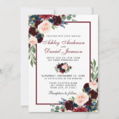 Waterverf Burgundy Blue Floral Wedding B Kaart (Voorkant)
