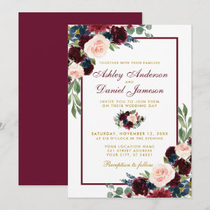 Waterverf Burgundy Blue Floral Wedding B Kaart