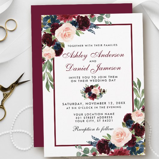 Waterverf Burgundy Blue Floral Wedding B Kaart