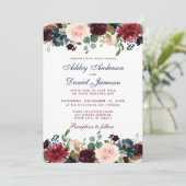 Waterverf Burgundy Blue Floral Wedding Elegant Kaart (Staand voorkant)
