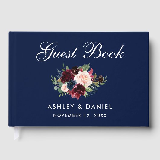 Waterverf Burgundy Blue Floral Wedding Gastenboek (Voorkant)