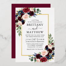 Waterverf Burgundy Blue Floral Wedding Gold