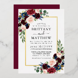 Waterverf Burgundy Blue Floral Wedding Gold Folie Uitnodiging