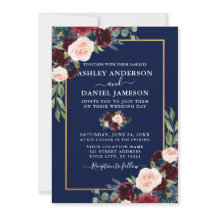 Waterverf Burgundy Blue Floral Wedding Gold Lijst