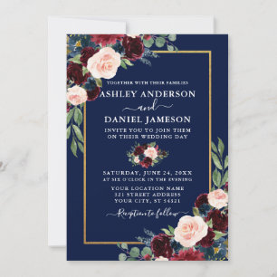 Waterverf Burgundy Blue Floral Wedding Gold Lijst Kaart