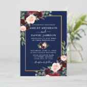 Waterverf Burgundy Blue Floral Wedding Gold Lijst Kaart (Staand voorkant)