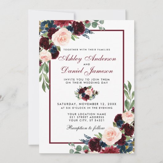 Waterverf Burgundy Blue Floral Wedding Kaart (Voorkant)