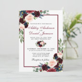 Waterverf Burgundy Blue Floral Wedding Kaart (Staand voorkant)