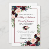 Waterverf Burgundy Blue Floral Wedding Kaart (Voorkant / Achterkant)