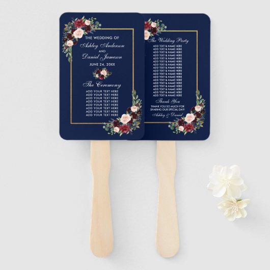 Waterverf Burgundy Blue Floral Wedding Programme Handwaaier (Voorkant en achterkant)