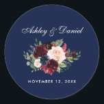 Waterverf Burgundy Blue Floral Wedding Ronde Sticker<br><div class="desc">Waterverf Bourgogne Bloemen Blauw Bruiloft Stickers</div>