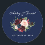 Waterverf Burgundy Blue Floral Wedding Ronde Sticker<br><div class="desc">Waterverf Bourgogne Bloemen Blauw Bruiloft Stickers</div>