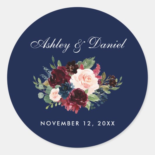 Waterverf Burgundy Blue Floral Wedding Ronde Sticker (Voorkant)