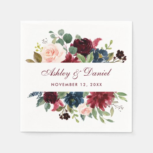 Waterverf Burgundy Blue Floral Wedding Servet (Voorkant)
