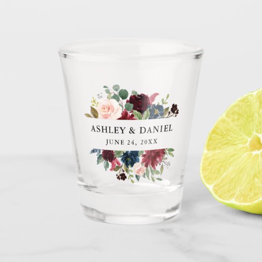 Waterverf Burgundy Blue Floral Wedding Shot Glas (Voorkant)