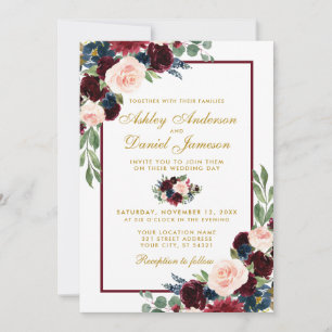Waterverf Burgundy Blue Floral Wedding W Kaart