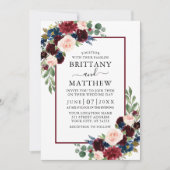 Waterverf Burgundy Blue Mixed Floral Wedding Kaart (Voorkant)
