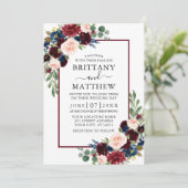Waterverf Burgundy Blue Mixed Floral Wedding Kaart (Staand voorkant)