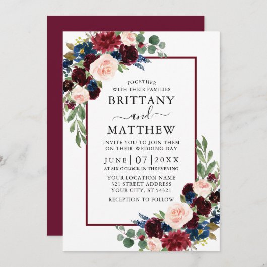 Waterverf Burgundy Blue Mixed Floral Wedding Kaart (Voorkant / Achterkant)