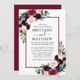 Waterverf Burgundy Blue Mixed Floral Wedding Kaart