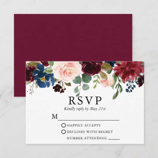 Waterverf Burgundy Blue Pink Floral RSVP (Voorkant / Achterkant)