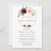 Waterverf Burgundy Blush Bloem Goud Sweet 16 Kaart (Voorkant)