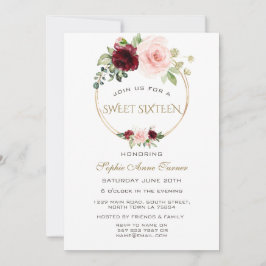 Waterverf Burgundy Blush Bloem Goud Sweet 16 Kaart