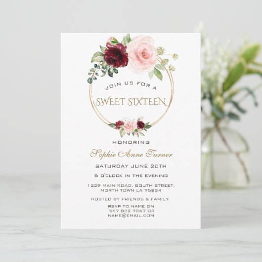 Waterverf Burgundy Blush Bloem Goud Sweet 16 Kaart (Staand voorkant)