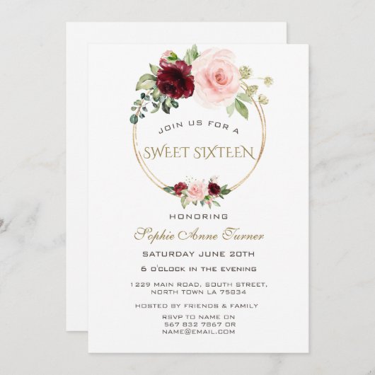Waterverf Burgundy Blush Bloem Goud Sweet 16 Kaart (Voorkant / Achterkant)