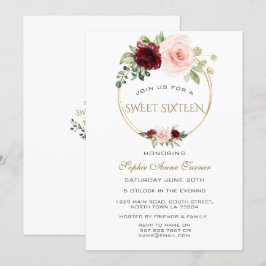 Waterverf Burgundy Blush Bloem Goud Sweet 16 Kaart