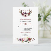 Waterverf Burgundy Blush Bloemendesign met Geweih  RSVP Kaartje (Staand voorkant)