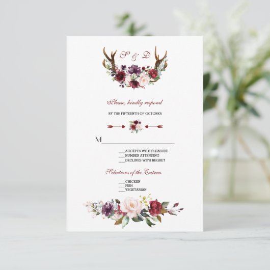 Waterverf Burgundy Blush Bloemendesign met Geweih  RSVP Kaartje (Staand voorkant)
