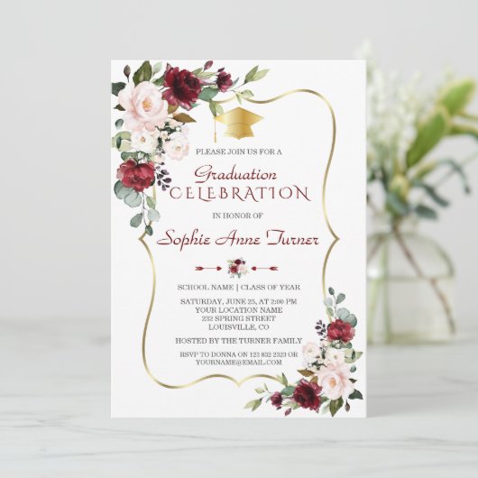 Waterverf Burgundy Blush Bloemige Afstudeerfeest Kaart (Staand voorkant)