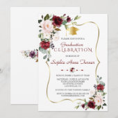 Waterverf Burgundy Blush Bloemige Afstudeerfeest Kaart (Voorkant / Achterkant)