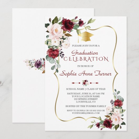 Waterverf Burgundy Blush Bloemige Afstudeerfeest Kaart (Voorkant / Achterkant)