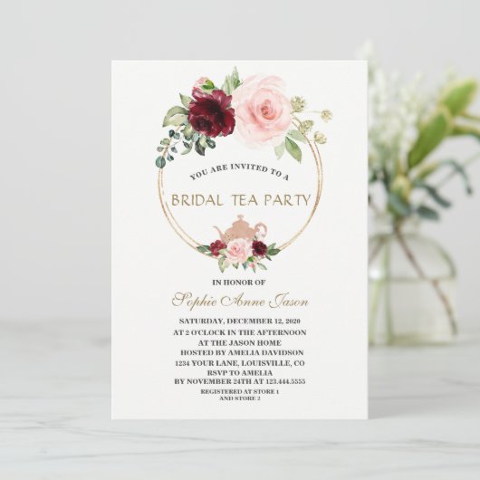 Waterverf Burgundy Blush Bloemige Bruiloft Thee Pa Kaart (Staand voorkant)