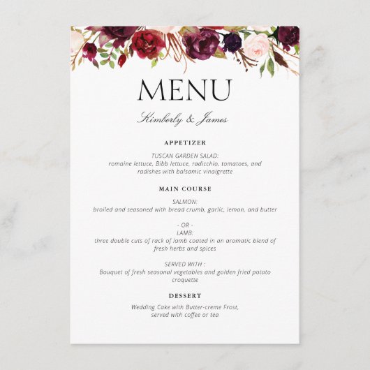 waterverf burgundy & blush floral bruiloft menu (Voorkant)
