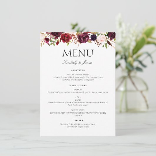 waterverf burgundy & blush floral bruiloft menu (Staand voorkant)