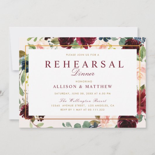 Waterverf burgundy blush floral reheardiner kaart (Voorkant)