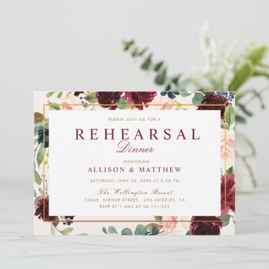 Waterverf burgundy blush floral reheardiner kaart (Staand voorkant)