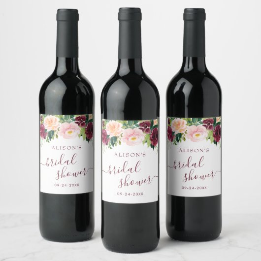 Waterverf Burgundy Blush Floral Vrijgezellenfeest Wijn Etiket (Flessen)