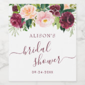 Waterverf Burgundy Blush Floral Vrijgezellenfeest Wijn Etiket (Enkel label)