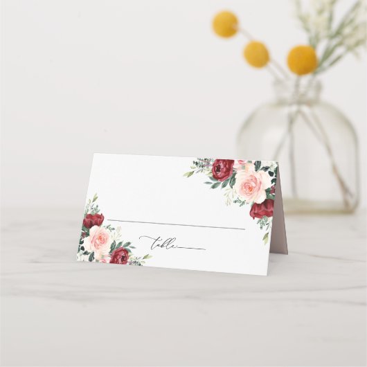Waterverf Burgundy Blush Floral Wedding Folded Plaatskaartje (Voorkant)