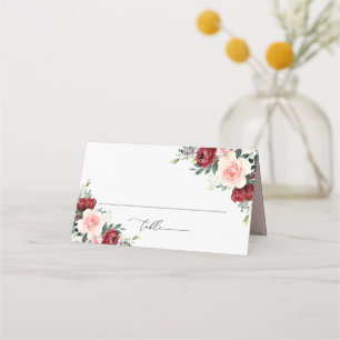 Waterverf Burgundy Blush Floral Wedding Folded Plaatskaartje