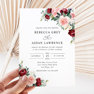 Waterverf Burgundy Blush Floral Wedding Kaart