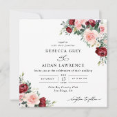 Waterverf Burgundy Blush Floral Wedding Square Kaart (Voorkant)