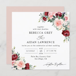 Waterverf Burgundy Blush Floral Wedding Square Kaart