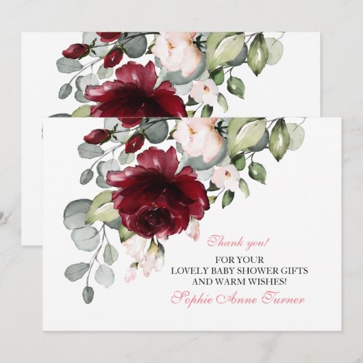 Waterverf Burgundy Blush Flowers Baby shower Bedankkaart (Voorkant / Achterkant)